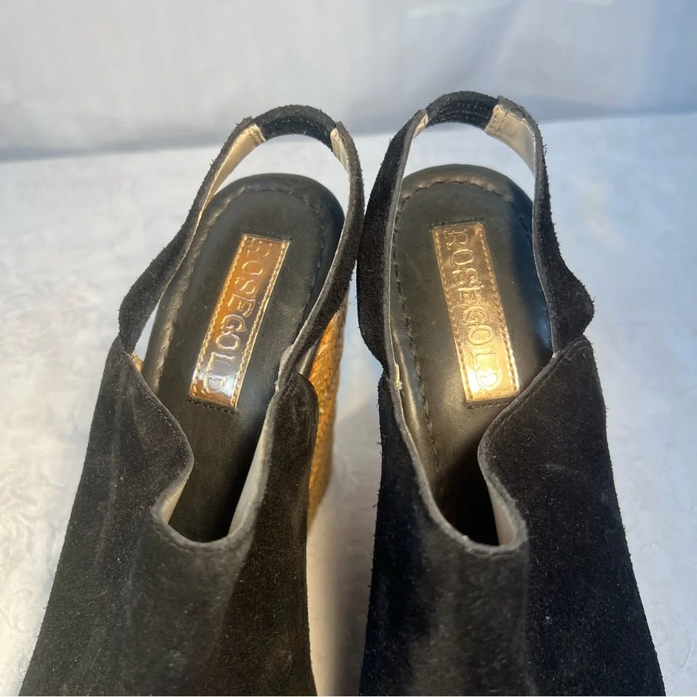 Rose Gold Shoes Lars Black Suede Peep Toe Woven 5” Wedge Heel Strap 37.5/7